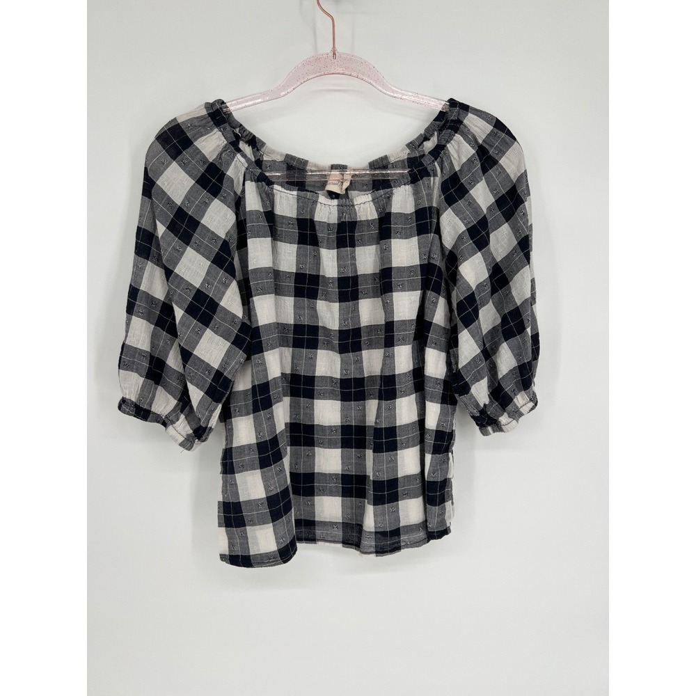 Universal‎ Threads Womens Sz M Gingham Plaid Short Slv Top Black White Checkered